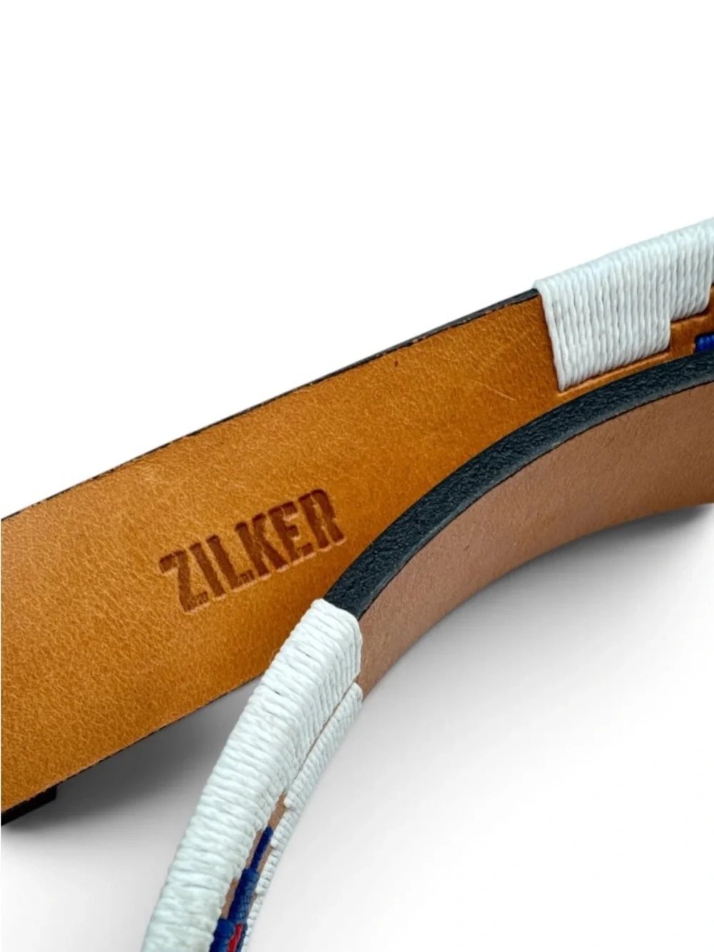 Zilker Argentine Polo Leather Belt Hand Stitched Geometric Brass Buckle Size 34